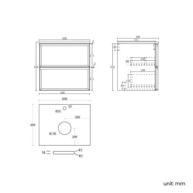 Kos Black Oak Wall Hung Vanity Drawer with Carrara Marble Top 600mm - Basin Not Included