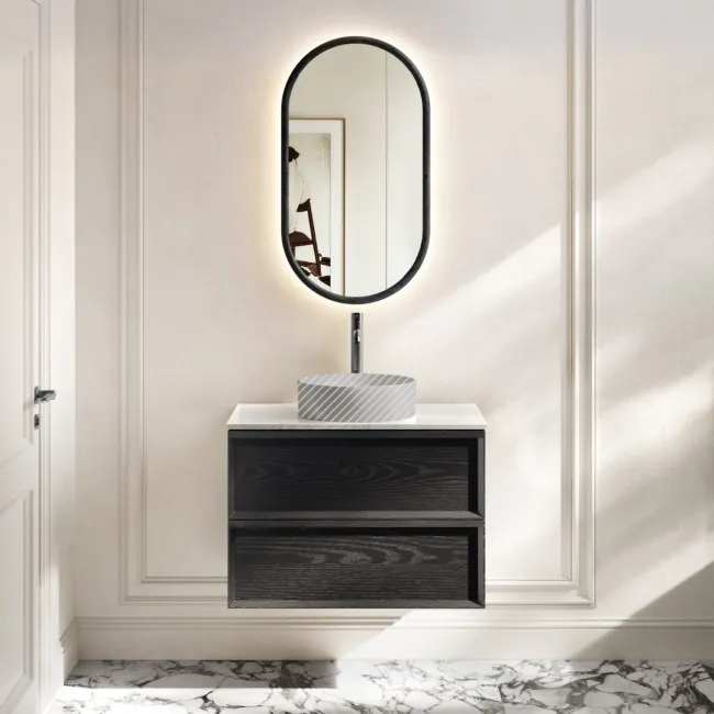 Kos Black Oak Wall Hung Vanity Drawer with Carrara Marble Top 800mm - Basin Not Included