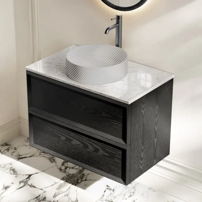 Kos Black Oak Wall Hung Vanity Drawer with Carrara Marble Top 800mm - Basin Not Included