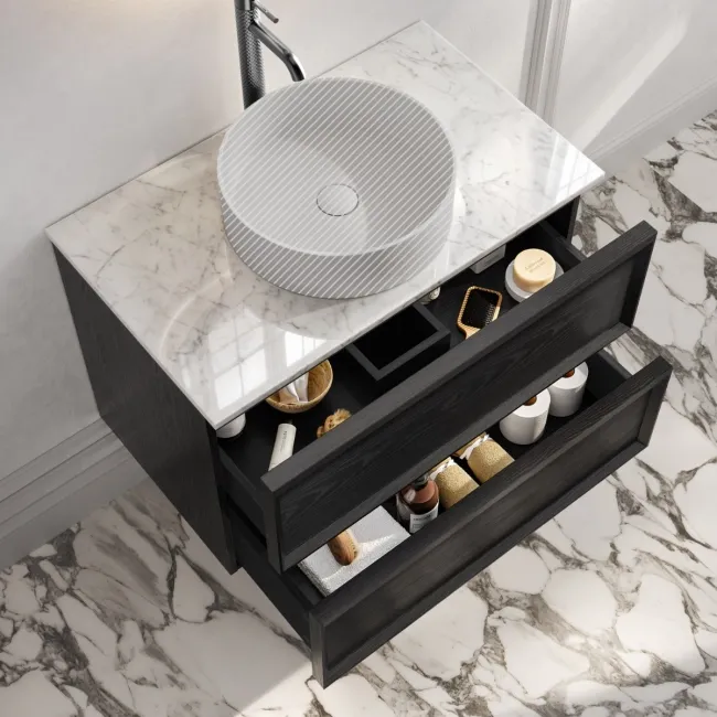Kos Black Oak Wall Hung Vanity Drawer with Carrara Marble Top 800mm - Basin Not Included