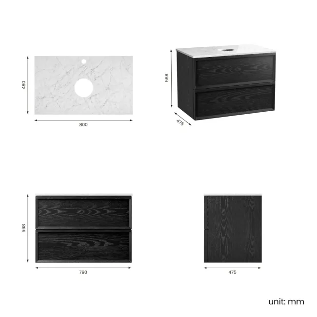 Kos Black Oak Wall Hung Vanity Drawer with Carrara Marble Top 800mm - Basin Not Included