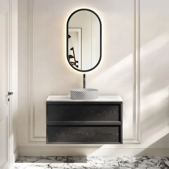 Kos Black Oak Wall Hung Vanity Drawer with Carrara Marble Top 1000mm - Basin Not Included