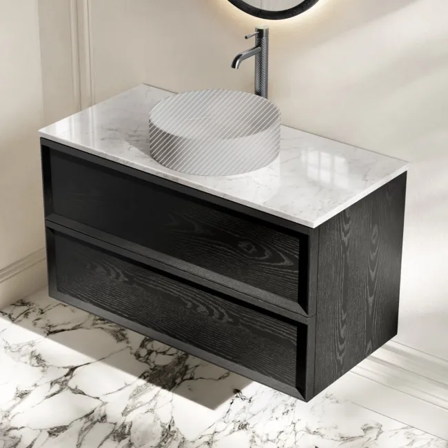 Kos Black Oak Wall Hung Vanity Drawer with Carrara Marble Top 1000mm - Basin Not Included