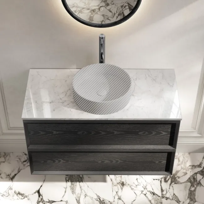Kos Black Oak Wall Hung Vanity Drawer with Carrara Marble Top 1000mm - Basin Not Included