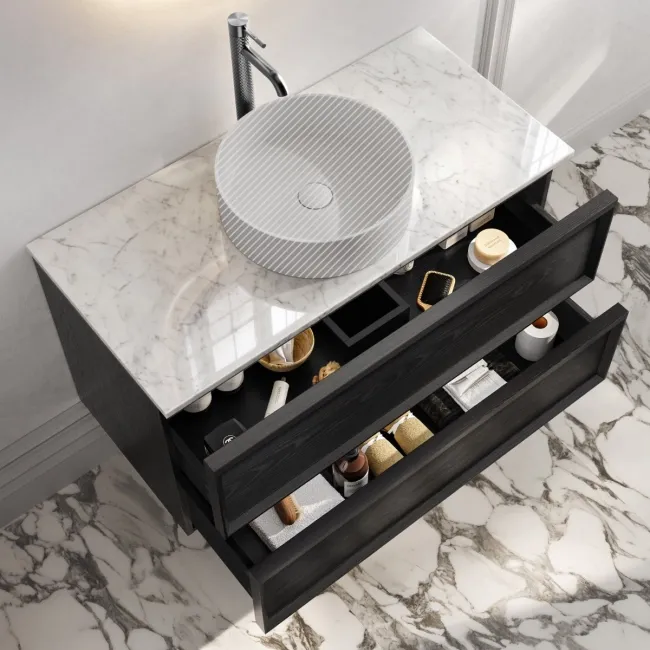 Kos Black Oak Wall Hung Vanity Drawer with Carrara Marble Top 1000mm - Basin Not Included