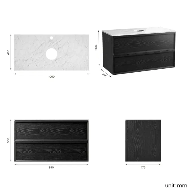 Kos Black Oak Wall Hung Vanity Drawer with Carrara Marble Top 1000mm - Basin Not Included