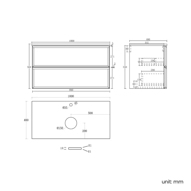 Kos Black Oak Wall Hung Vanity Drawer with Carrara Marble Top 1000mm - Basin Not Included