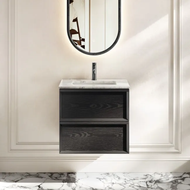 Kos Black Oak Carrara Marble Wall Hung Vanity Drawer & Undermount Basin 600mm