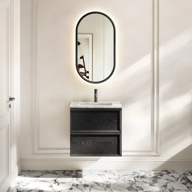 Kos Black Oak Carrara Marble Wall Hung Vanity Drawer & Undermount Basin 600mm