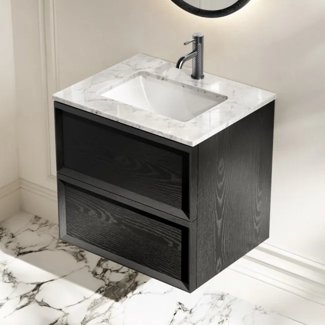 Kos Black Oak Carrara Marble Wall Hung Vanity Drawer & Undermount Basin 600mm