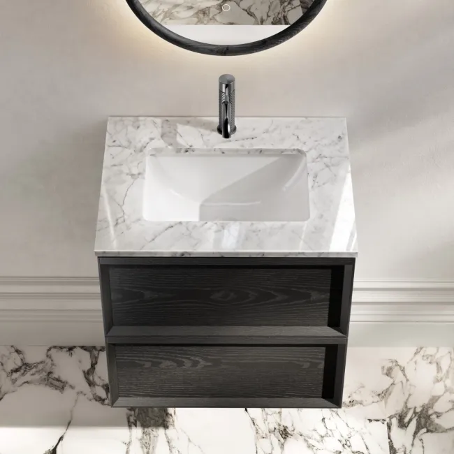 Kos Black Oak Carrara Marble Wall Hung Vanity Drawer & Undermount Basin 600mm