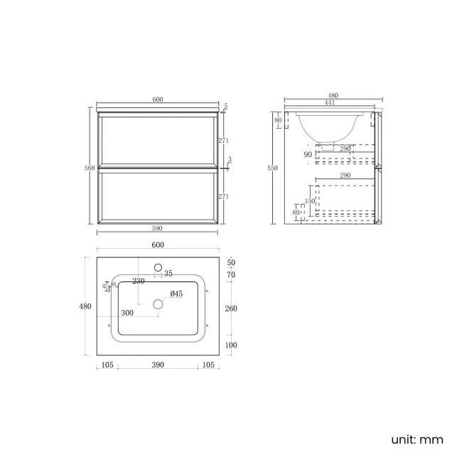 Kos Black Oak Carrara Marble Wall Hung Vanity Drawer & Undermount Basin 600mm