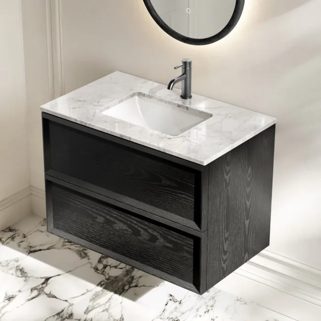 Kos Black Oak Carrara Marble Wall Hung Vanity Drawer & Undermount Basin 800mm