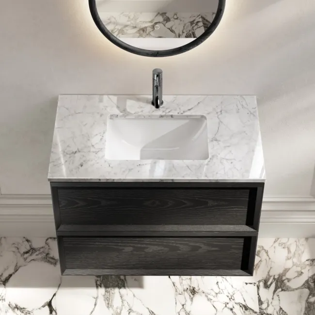 Kos Black Oak Carrara Marble Wall Hung Vanity Drawer & Undermount Basin 800mm