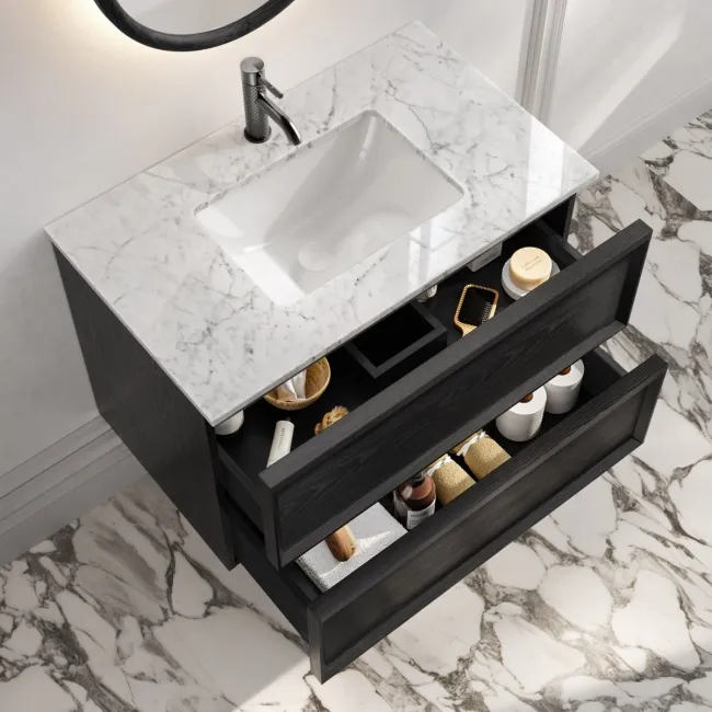 Kos Black Oak Carrara Marble Wall Hung Vanity Drawer & Undermount Basin 800mm