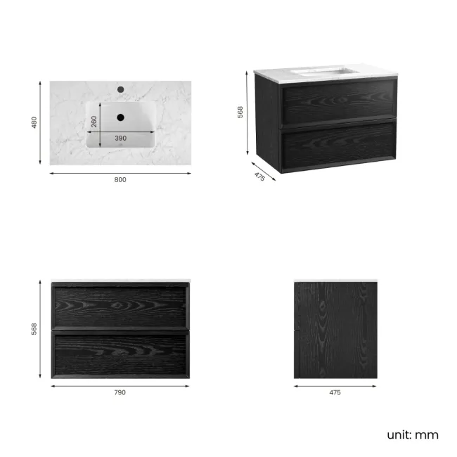 Kos Black Oak Carrara Marble Wall Hung Vanity Drawer & Undermount Basin 800mm