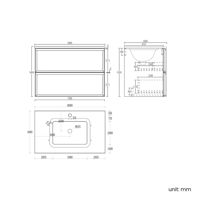 Kos Black Oak Carrara Marble Wall Hung Vanity Drawer & Undermount Basin 800mm