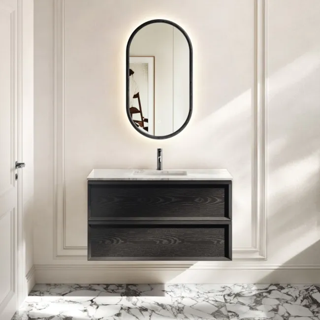 Kos Black Oak Carrara Marble Wall Hung Vanity Drawer & Undermount Basin 1000mm