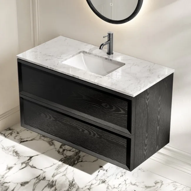 Kos Black Oak Carrara Marble Wall Hung Vanity Drawer & Undermount Basin 1000mm