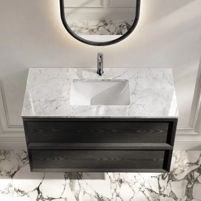 Kos Black Oak Carrara Marble Wall Hung Vanity Drawer & Undermount Basin 1000mm