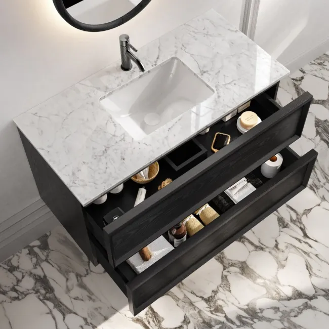 Kos Black Oak Carrara Marble Wall Hung Vanity Drawer & Undermount Basin 1000mm