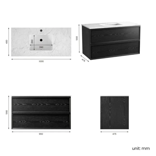 Kos Black Oak Carrara Marble Wall Hung Vanity Drawer & Undermount Basin 1000mm