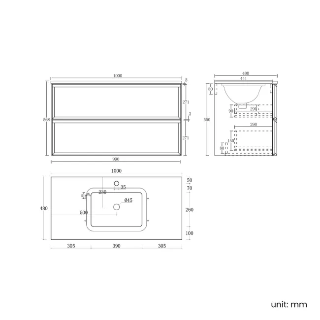 Kos Black Oak Carrara Marble Wall Hung Vanity Drawer & Undermount Basin 1000mm