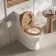 Alma Traditional Oak Effect Wooden Soft Close Seat with Brushed Brass Hinge