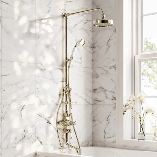 Avoca Traditional English Gold Thermostatic Bath Filler Shower Set with Hand Shower and Soap Dish