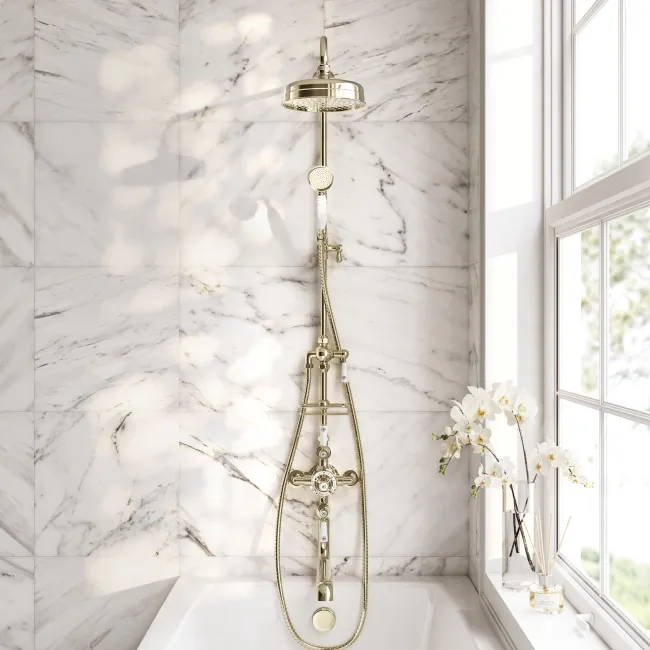 Avoca Traditional English Gold Thermostatic Bath Filler Shower Set with Hand Shower and Soap Dish