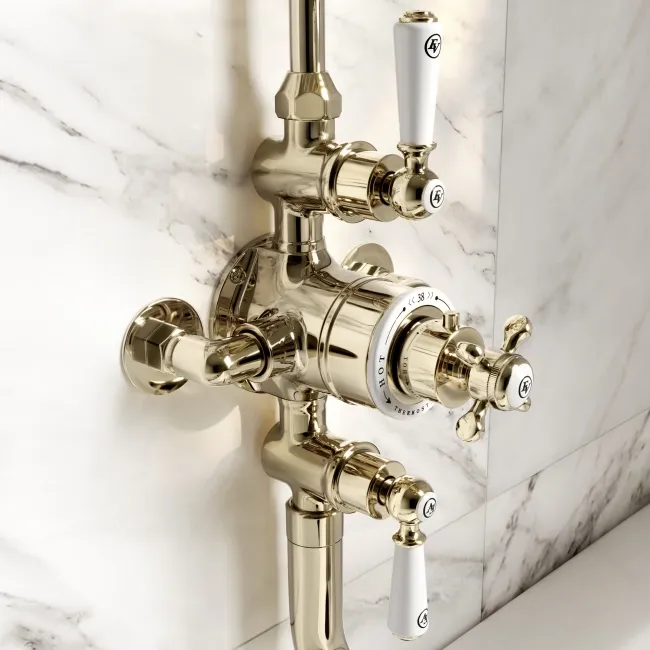 Avoca Traditional English Gold Thermostatic Bath Filler Shower Set with Hand Shower and Soap Dish