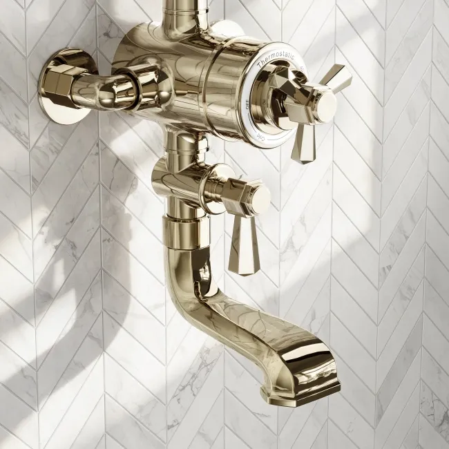 Kenmare Traditional English Gold Thermostatic Bath Filler Shower Set with Hand Shower