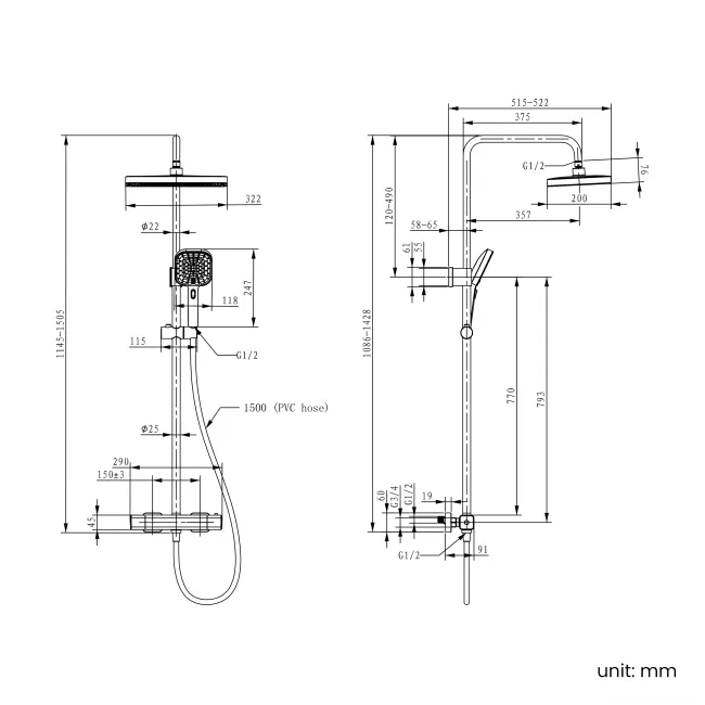 Kinsale Brushed Brass Square Thermostatic Shower Set