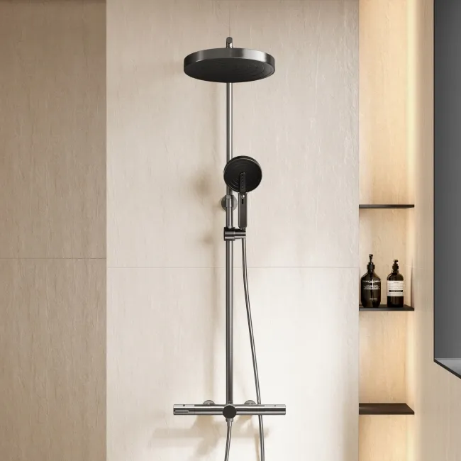 Bray Round Brushed Gunmetal Thermostatic Bath Filler Shower Set