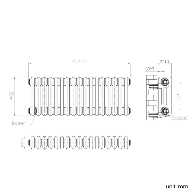 Athens Antique Gold Triple Column Horizontal Traditional Radiator 300x785mm