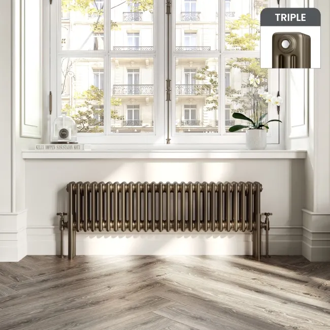 Athens Antique Gold Triple Column Horizontal Traditional Radiator 300x1190mm