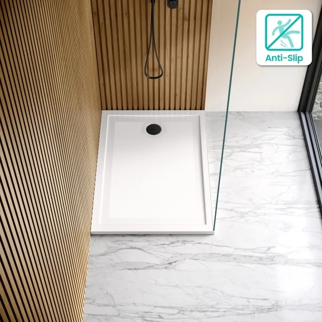 Doha Rectangular Gloss White Anti-slip Stone Shower Tray 1100x800mm