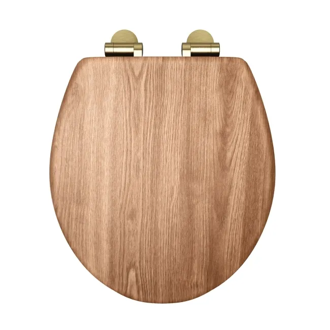 Alma Traditional Oak Effect Wooden Soft Close Seat with Brushed Brass Hinge