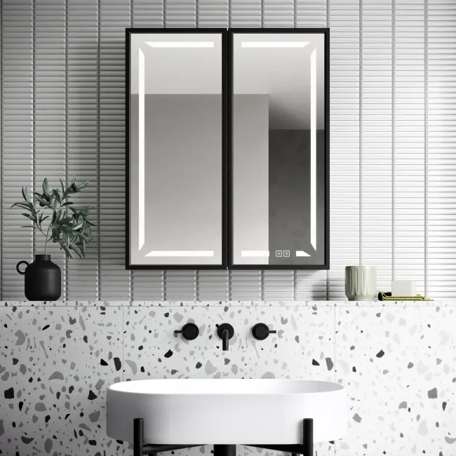 Mia Black Framed Illuminated LED Mirror Cabinet With BLUETOOTH Speaker & USB Port 710x600mm