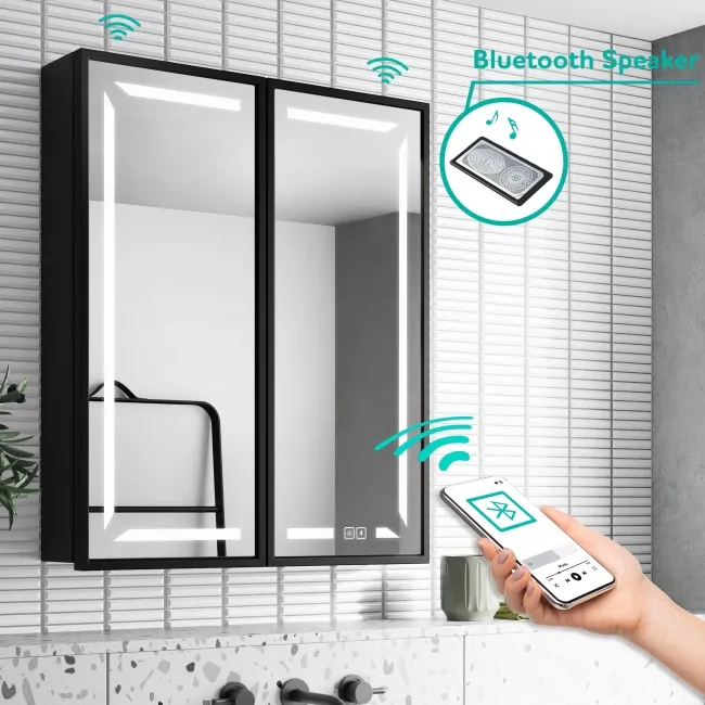 Mia Black Framed Illuminated LED Mirror Cabinet With BLUETOOTH Speaker & USB Port 710x600mm