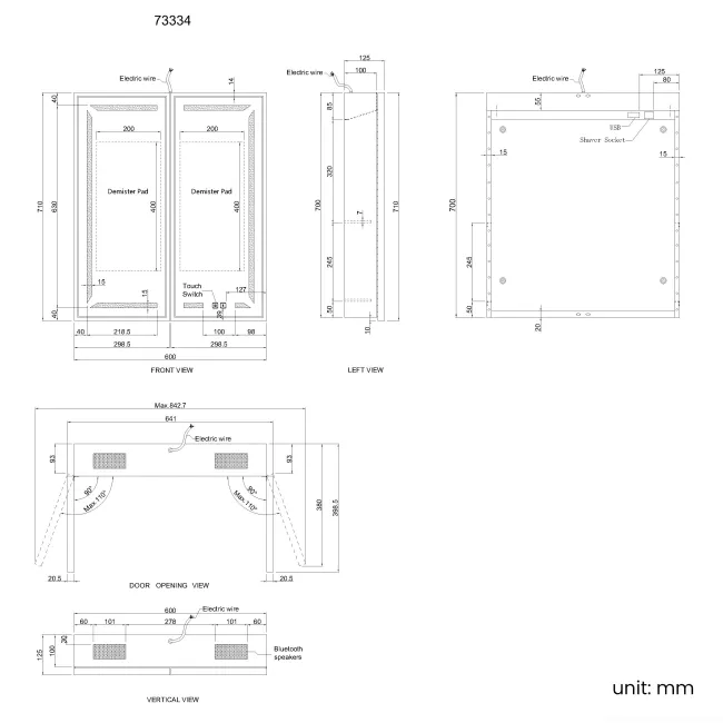 Mia Black Framed Illuminated LED Mirror Cabinet With BLUETOOTH Speaker & USB Port 710x600mm