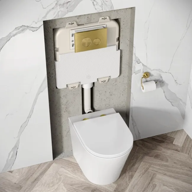 Idaho Pneumatic Concealed Cistern with Brushed Brass Flush Plate - Round Buttons