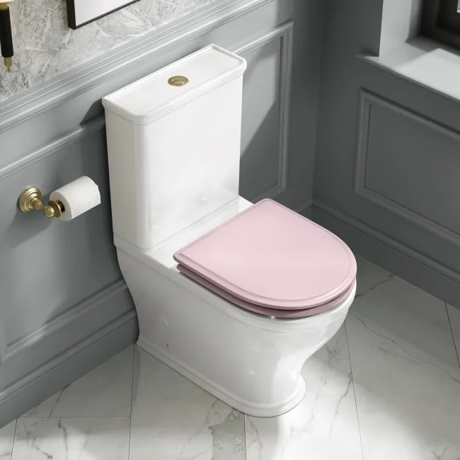 Kansas Traditional Rimless Close Coupled Toilet With Cashmere Pink Wooden Seat - Brushed Brass Hinges