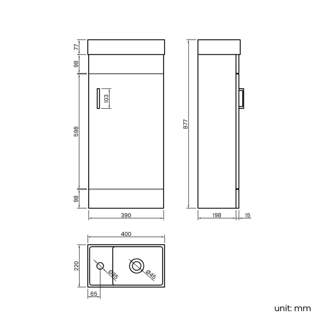 Quartz Gloss White Cloakroom Floor Standing Basin Vanity 400mm - Black Accents