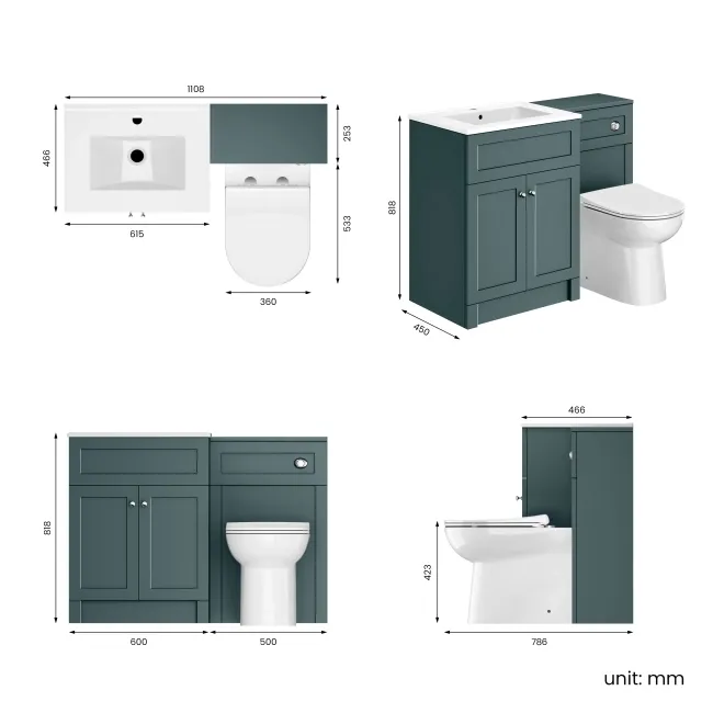 Milos Mystic Green Combination Vanity Basin and Aruba Toilet 1100mm - Chrome Handles
