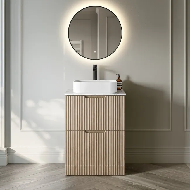 Crete Fluted Apex Oak Vanity Drawer with Marble Top & Marin Basin 600mm