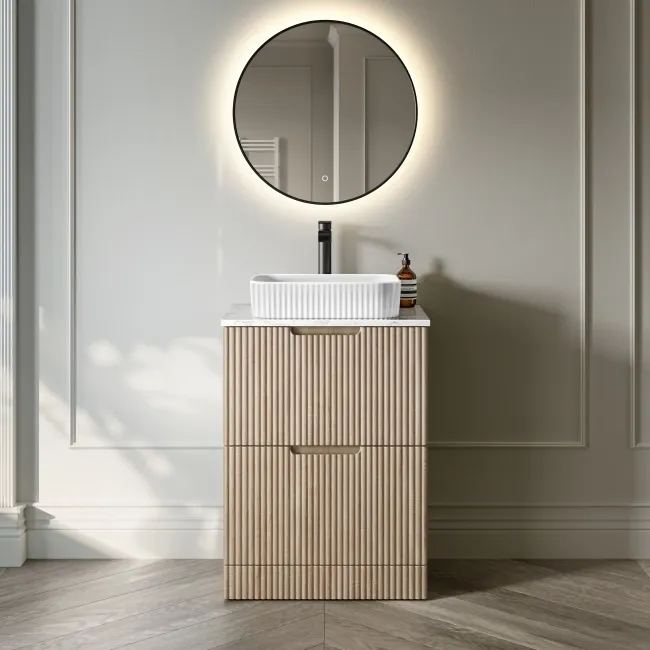 Crete Fluted Apex Oak Vanity Drawer with Marble Top & Reno Basin 600mm