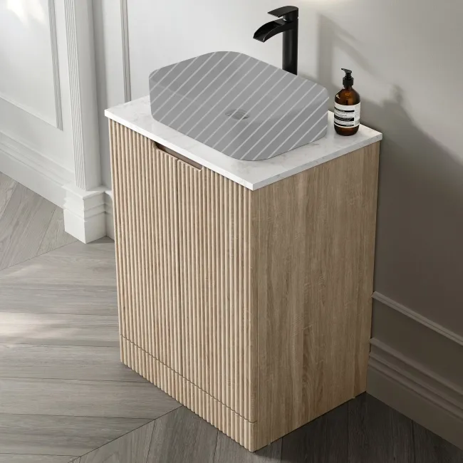 Crete Fluted Apex Oak Vanity with Marble Top 600mm - Excludes Counter Top Basin