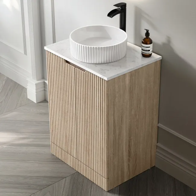 Crete Fluted Apex Oak Vanity with Marble Top & Nevis Basin 600mm