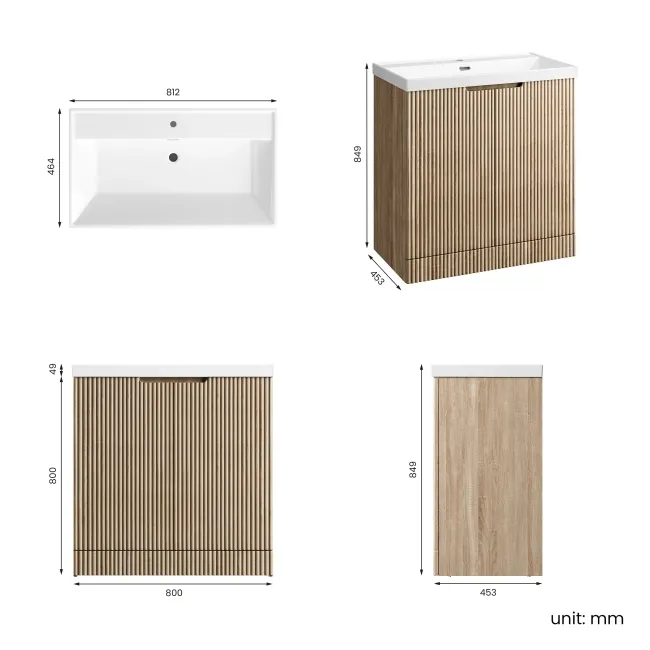 Crete Fluted Apex Oak Basin Vanity 800mm